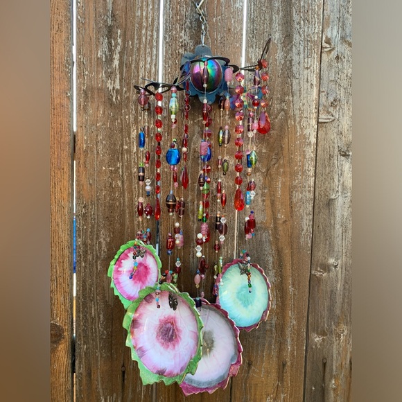 Inlaid Gold Leaves Vtg Porcelain Glass Beads 3D Butterfly Wind Chime Mobile - Picture 8 of 11